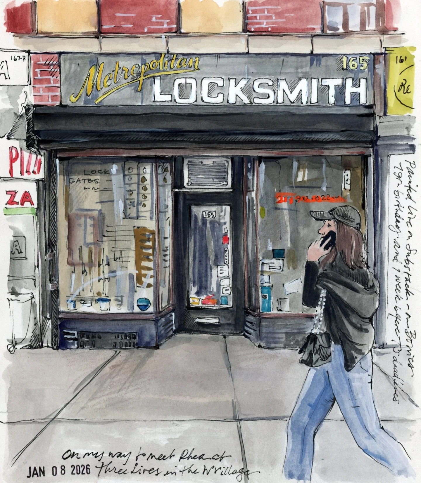 Earlier this afternoon I decided to go live and record myself drawing and painting a scene from my walk in the West Village yesterday. I loved the look of this locksmith,  and just as I was snapping a photo a woman walked into the frame. Perfect timi