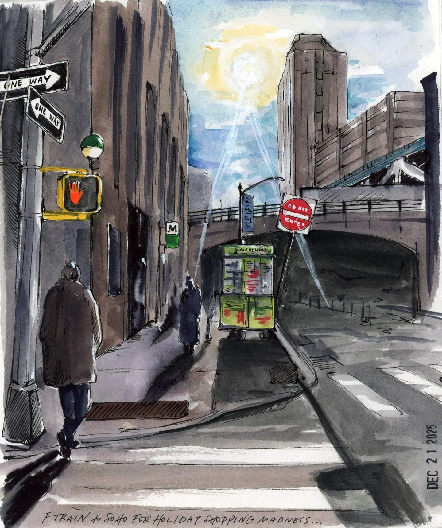 Taking the F train from DUMBO to Soho to enter the holiday shopping madness for the third time. I think I&rsquo;m finally finished. #drawyourday #drawyourworld #drawyouradventures