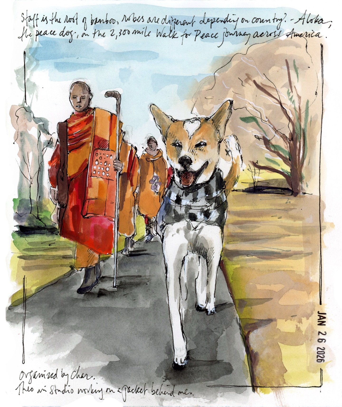 Thank you @blueshineart for the wonderful and uplifting drawing meetup where I learned all about  @walkforpeace.usa and @alokathepeacedog 
If you aren&rsquo;t aware, a group of Buddhist monks are trekking across America, and are nearing the end of th