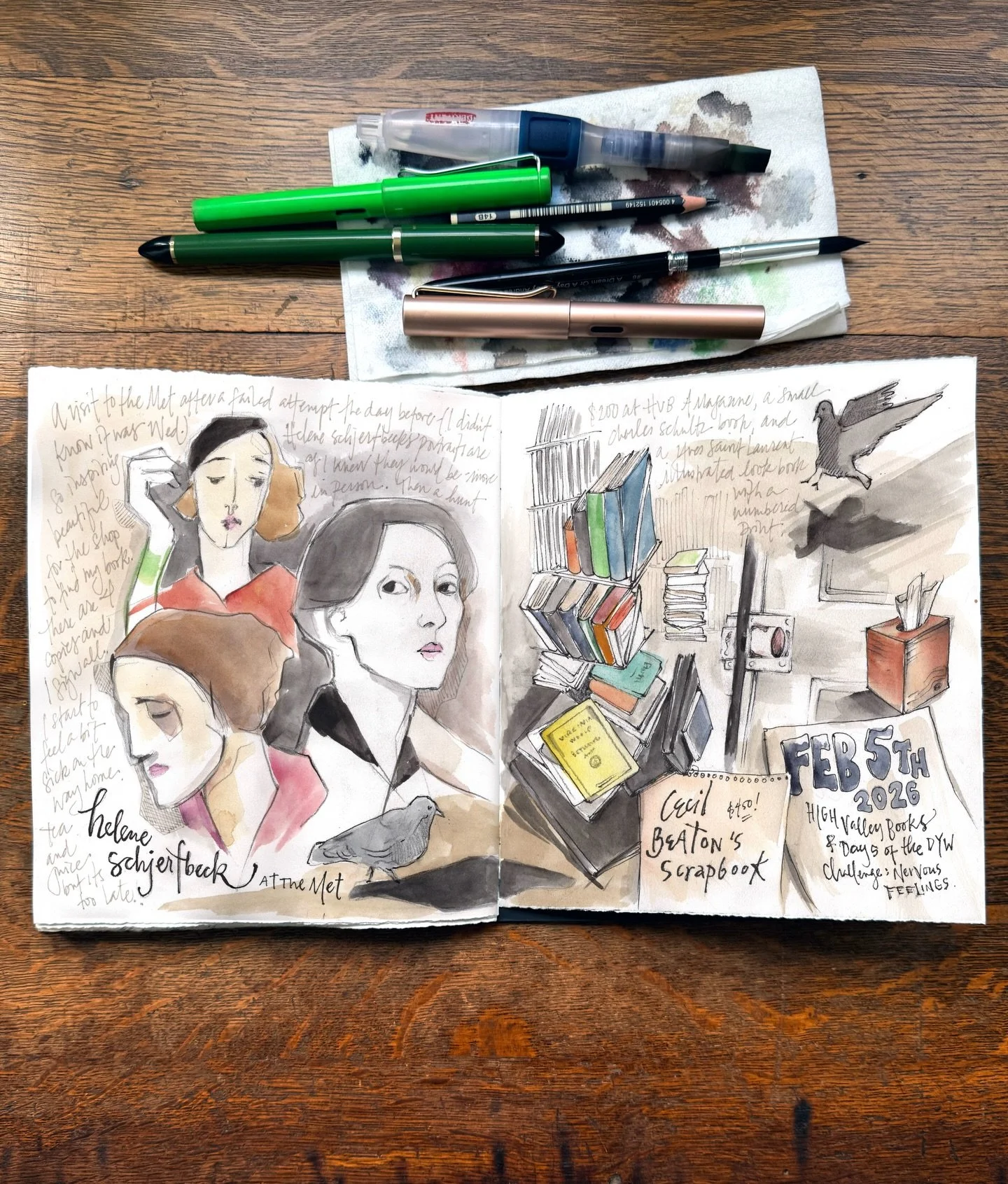 A new spread in my sketchbook, all about Thursdays visit to The Met and High Valley Books in Greenpoint. Today home sick with a cold, so I dedicated part of my morning to it. I love drawing faces I see at museums, and #heleneschjerfbeck paintings wer