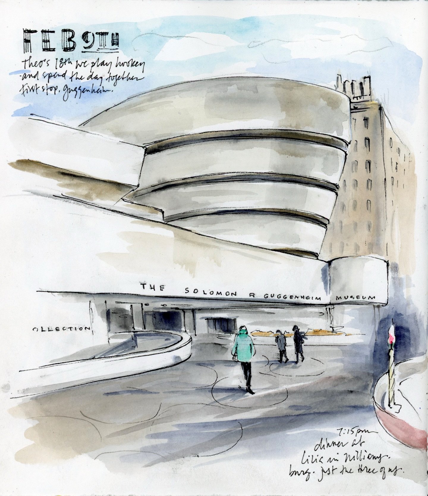 I think this was my first time drawing the Guggenheim. Won&rsquo;t be the last! Plus some more all about how I spent the day on my son&rsquo;s eighteenth birthday. #drawyourday #drawyourworld #drawyouradventures