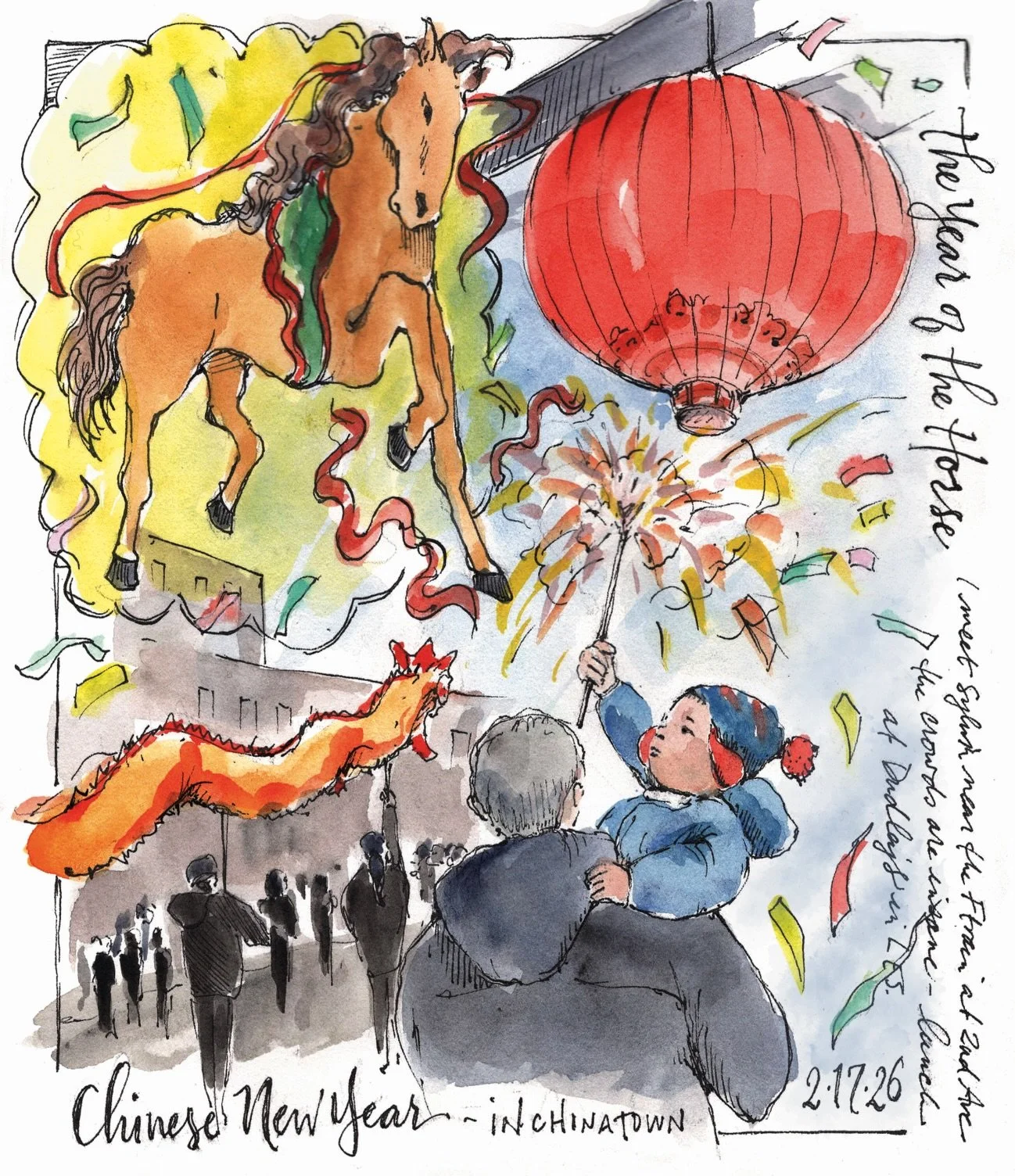 Happy year of the horse! 🧧I went to Chinatown today for the new year celebrations. It was so fun to watch, but crazy packed with people, we could barely move! #lunarnewyear #yearofthehorse #drawyourday #drawyouradventures