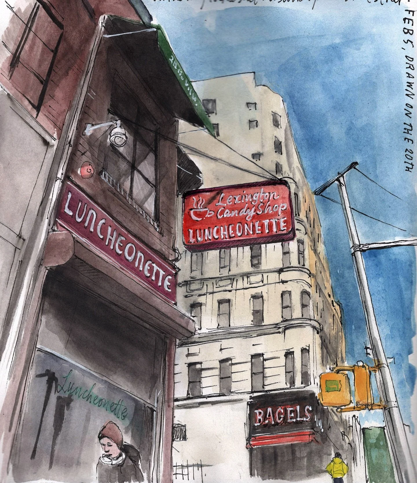 Drawing NYC more and more. Here&rsquo;s a moment on 83rd and Lexington, looking up at the Luncheonette signage I always love walking by, whenever I am uptown on my way to museums or doctor&rsquo;s appointments. The perspective was so hard on this! 
#