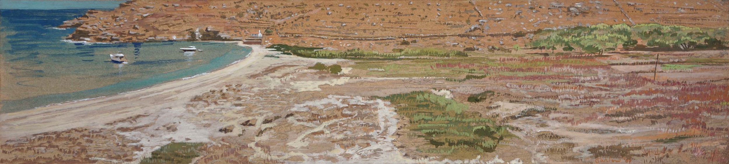 boats at achla, andros 2003 gouache on archival paper 13.5x63cm. coll. the artist