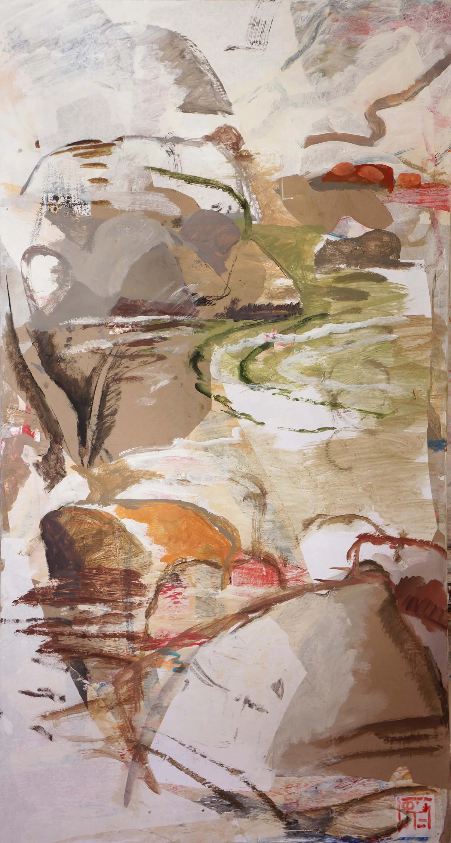 rocky creek 72x38 acrylic & collaged paper on canvas