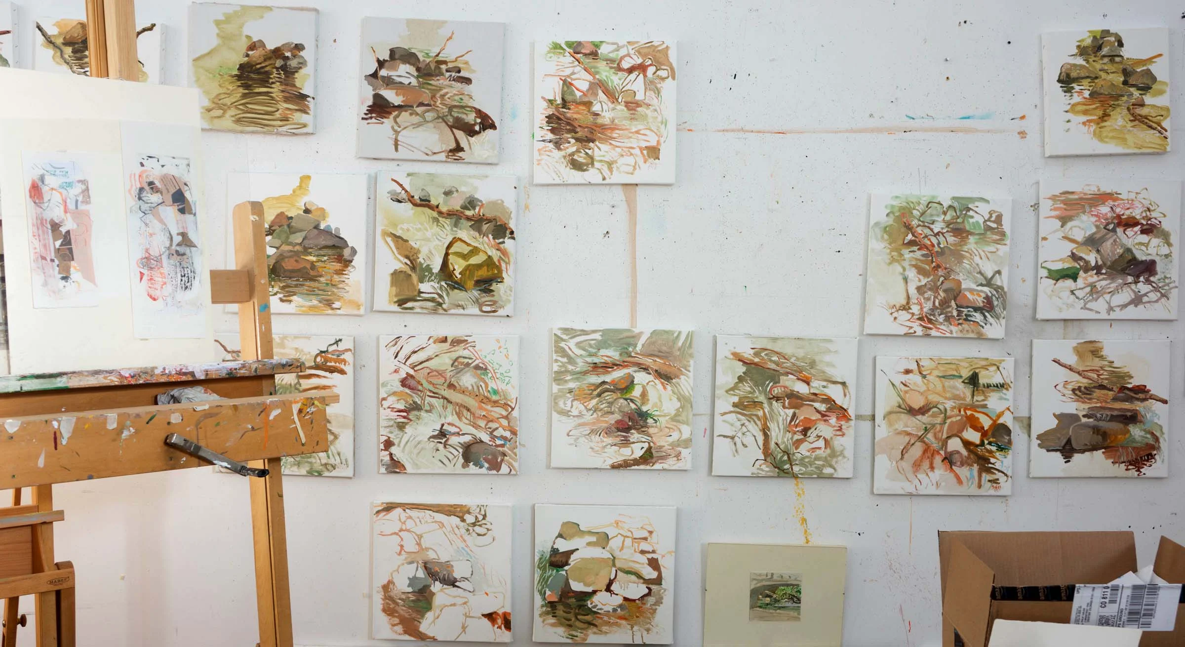 east studio wall with plain air paintings, january 27, 2014