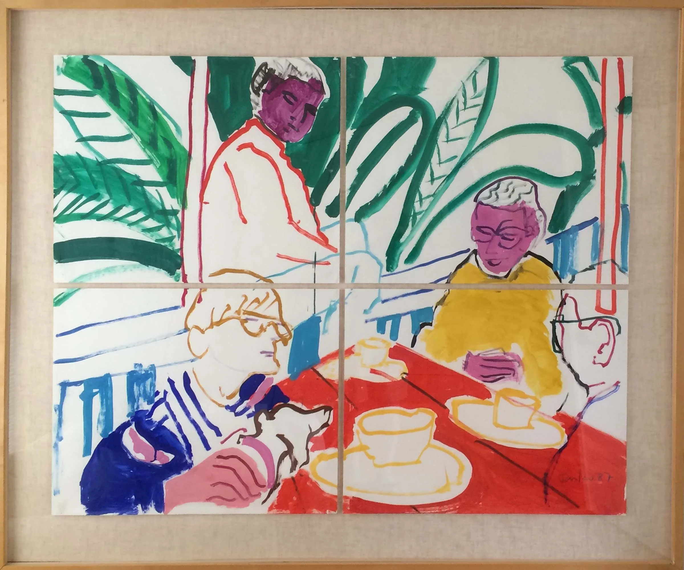 1987 painting in gouache on paper of hockney & friends on the deck of his hollywood hills house