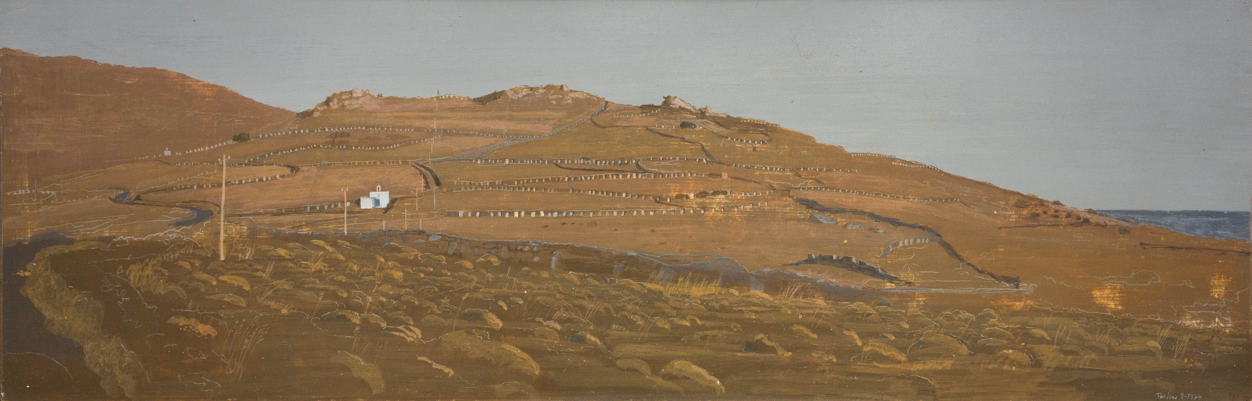 study for f/b chrissi ammos commission 24.2x74.2cm/9.5x29.25" 1974 egg tempera on board coll. the artist the commissioned painting, which measured 2 meters in length, was hanging on the ferry when it sank in a storm off the cavo d'oro
