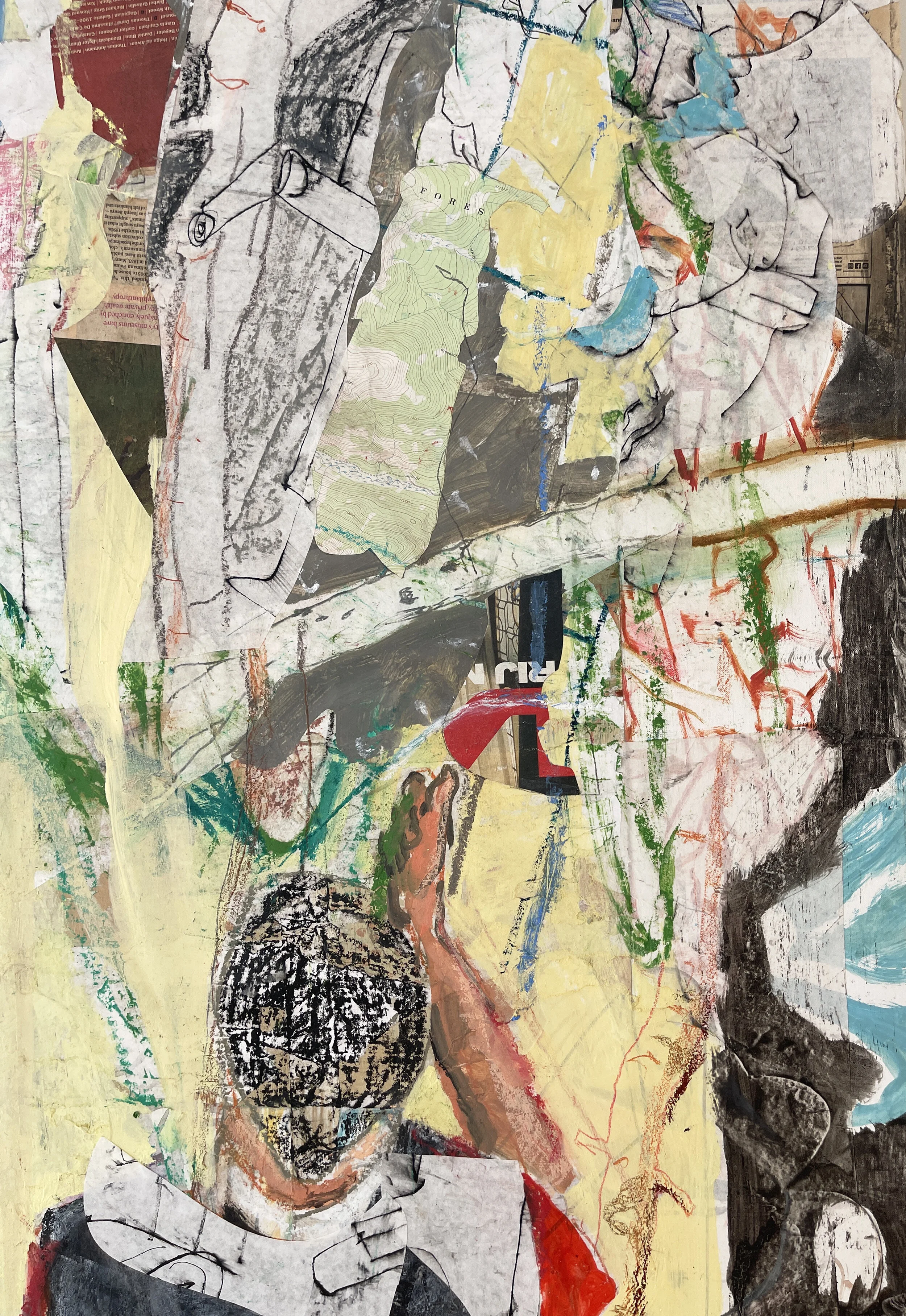 DETAIL of one of the newly collaged areas. note the red above and to the right of his hand, and how it compliments the red in the upper portion of the painting, which you can see below.