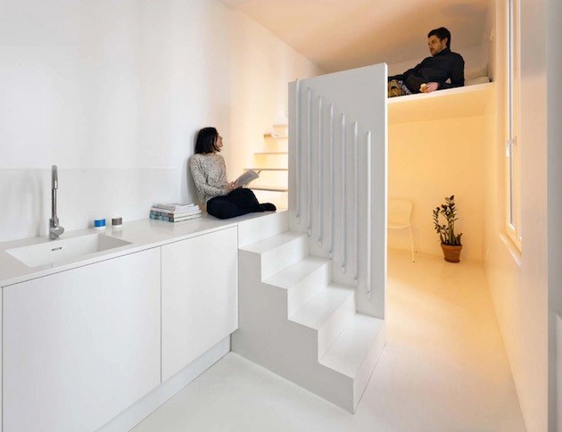 Warm white electric light contrasted with daylight streaming in through the window. Inspiration image.
