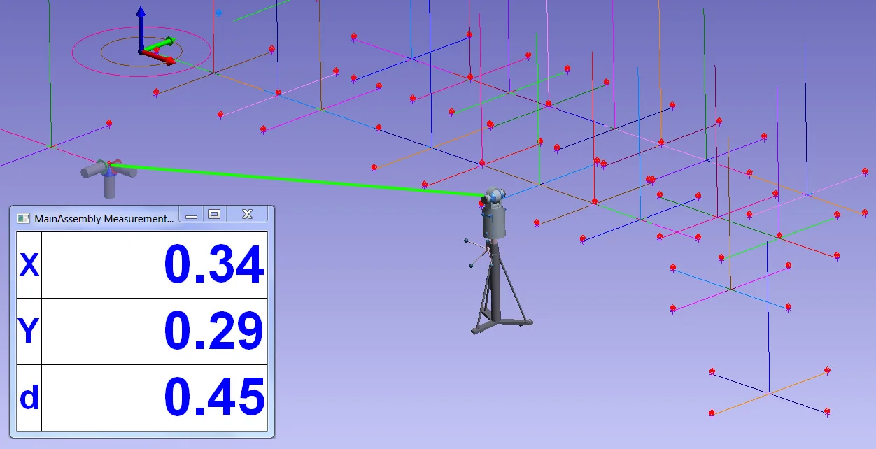 SpatialAnalyzer software and a Laser tracker marking out machine core locations and machine center-lines in real time to sub mm precision. 