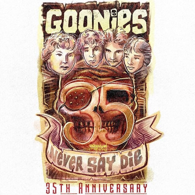 My Goonies 35th Anniversary Fan Art to promote a safe, fun drive-in movie night! Tuesday 23rd for a special 35th anniv screening of The Goonies at Winchester Drive-In Theatre and Q&amp;A with Goonies asst director Mark Marshall!  #fanartfriday‬ #goon