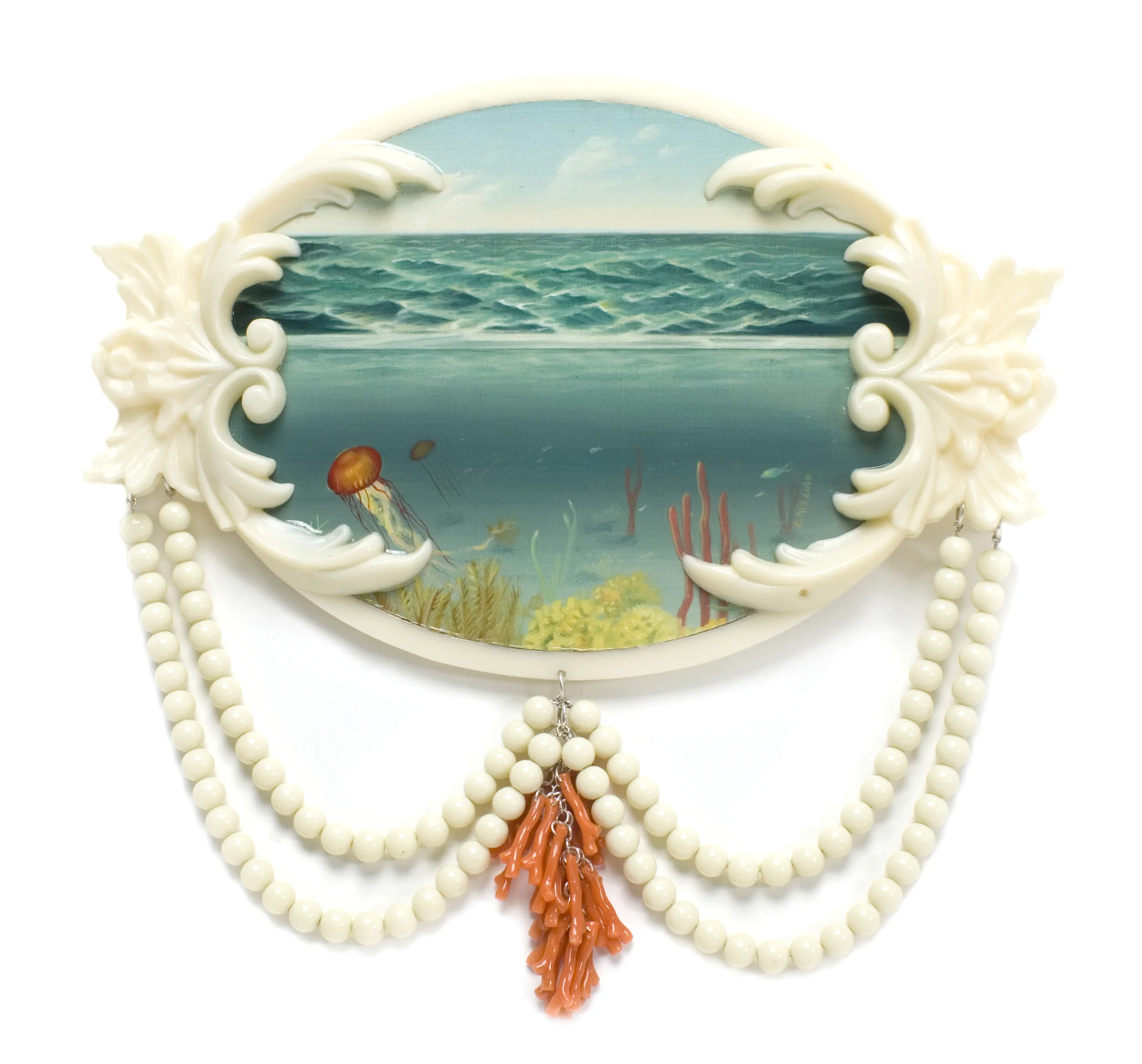 Portal (brooch) oil on masonite, vintage plastic, acrylic, sterling silver, stainless steel
