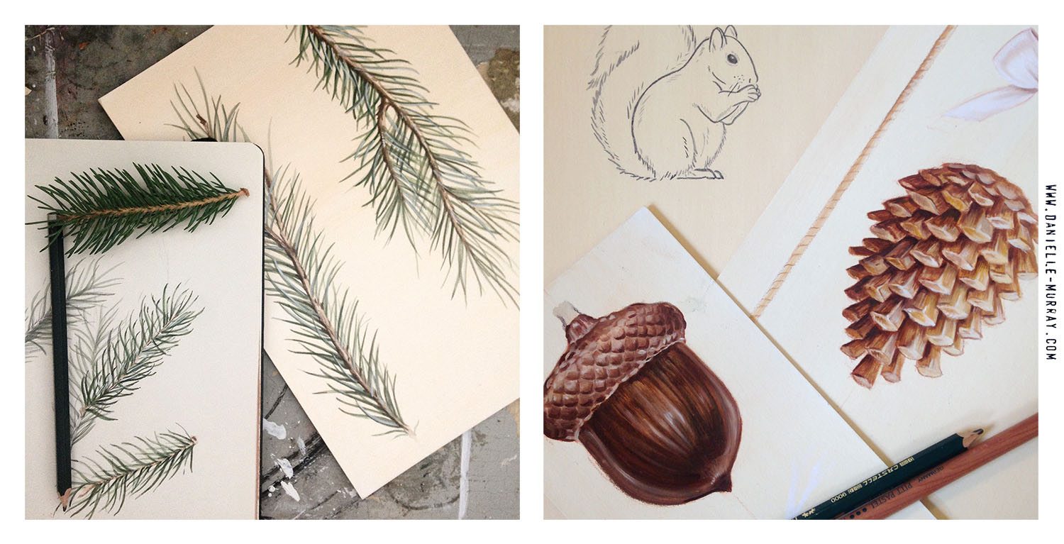 Summer 2014 : The beginning - In progress shots of some of the painted elements used to make my Holiday Woodland Collection.