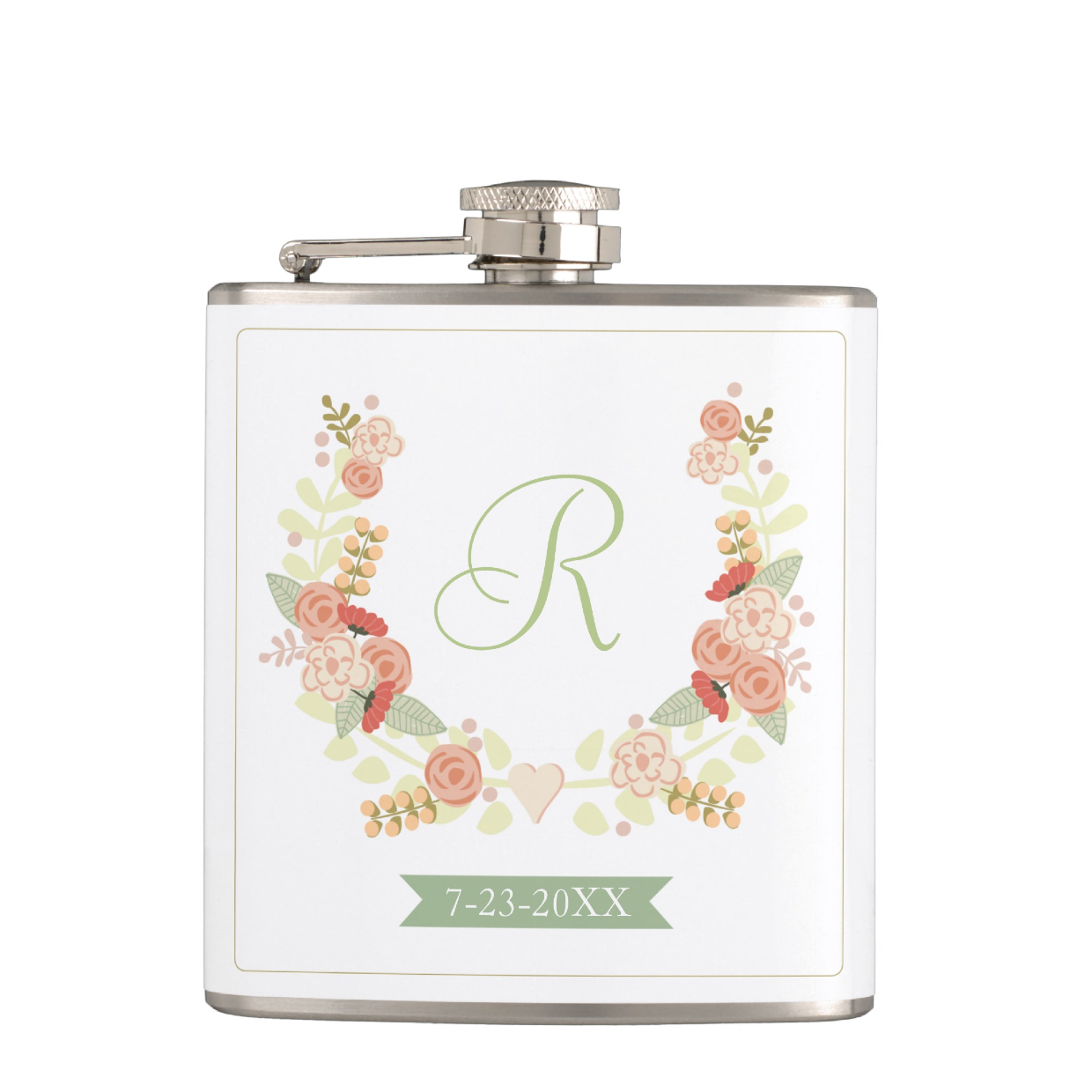 Monogram floral flask with customizable monogram and date. Perfect for bridesmaids to commemorate your wedding date or bachelorette party.