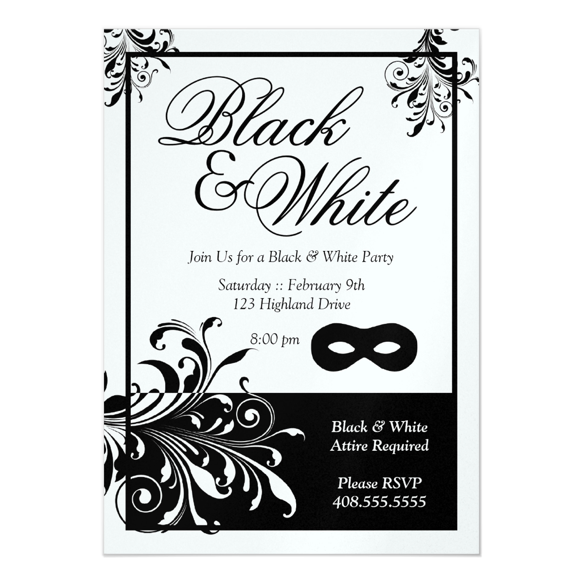 Black & White Party 5 x 7 Invitation