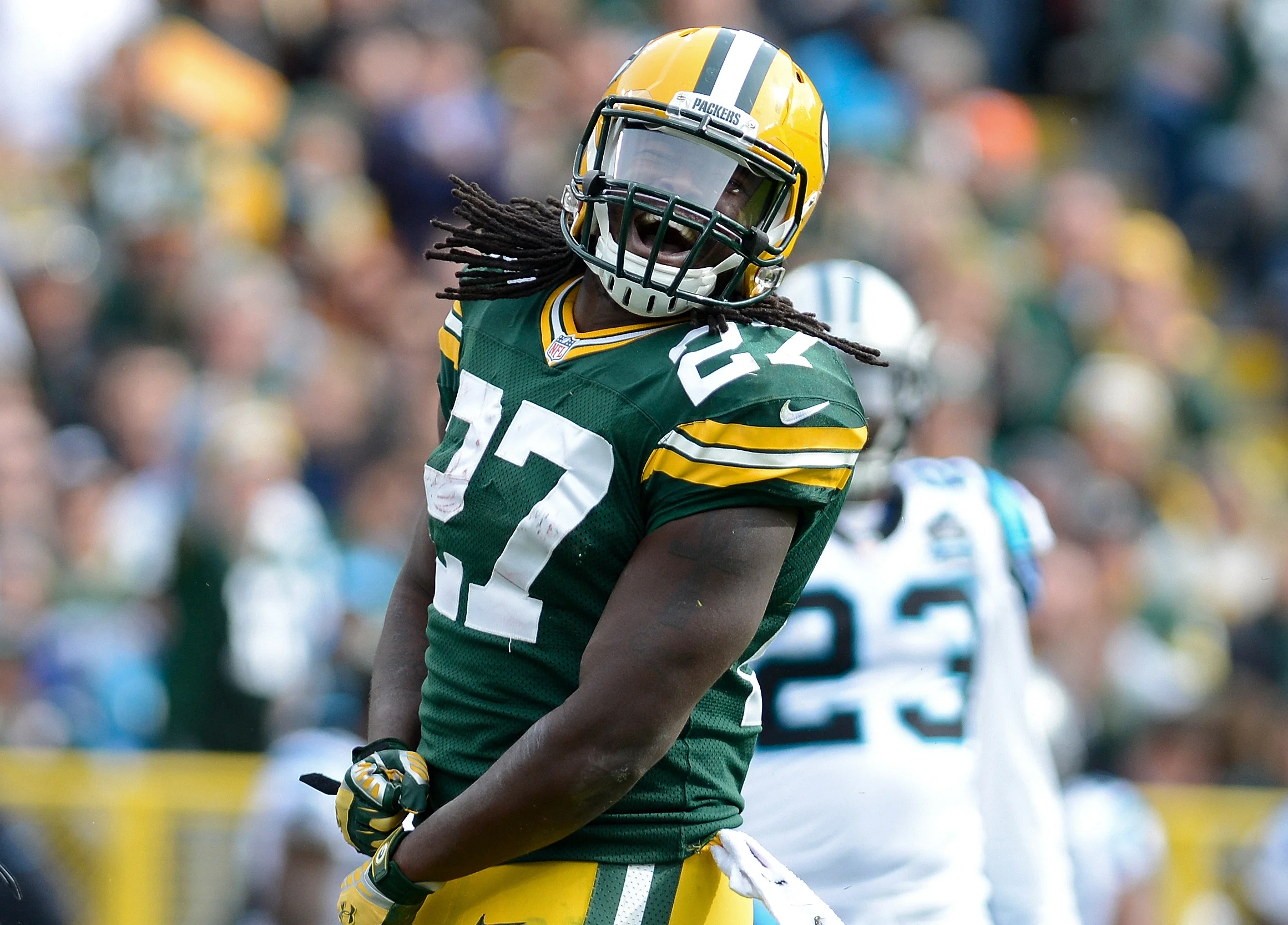 Green Bay Packers running back Eddie Lacy celebrates a gain against the Carolina Panthers at Lambeau Field in Green Bay, Wis. on Sunday, Oct. 19, 2014. 