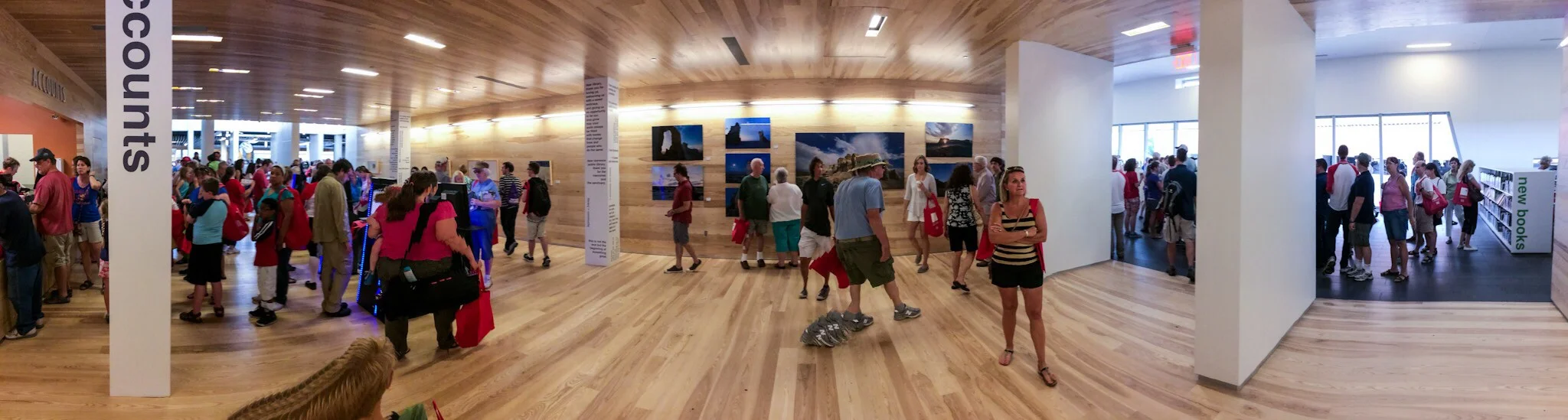 Entrance hallway, self checkout, art exhibits