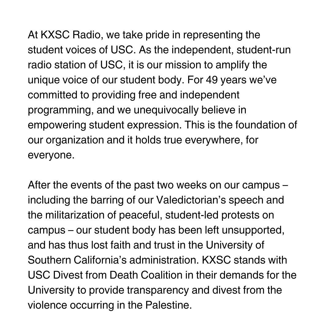 KXSC Radio demands USC to immediately divest from the genocide in Palestine.
