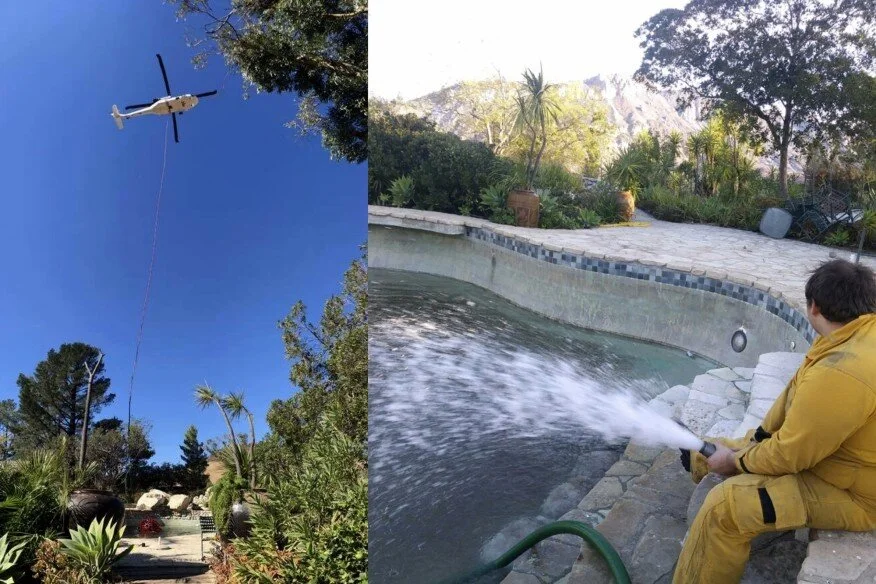Water being airlifted from the pool at Xanabu during the fire season.