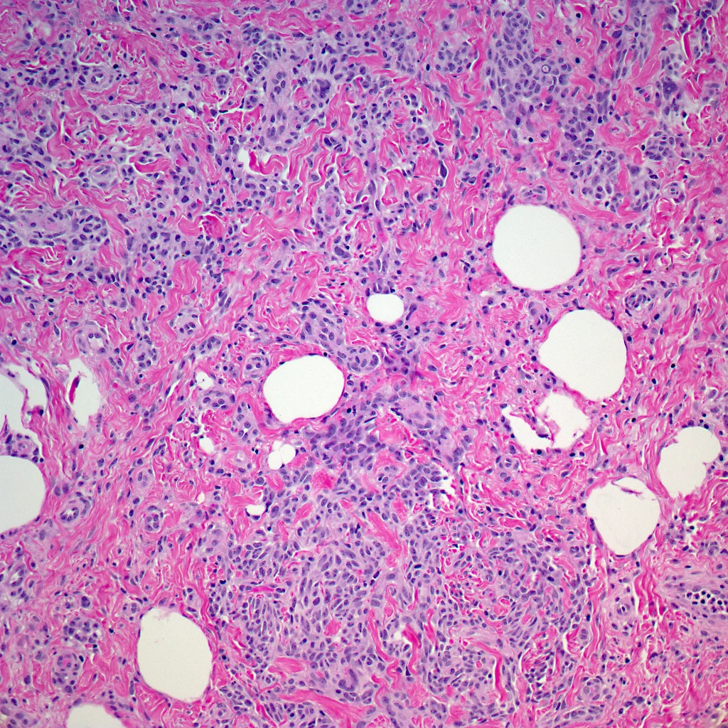 Image 2: Higher magnification showing spindled and epitheliod cells that are uniform, without cytologic atypia or mitotic figures. An Immunohistochemical panel using antibodies to various cytokeratins was negative.