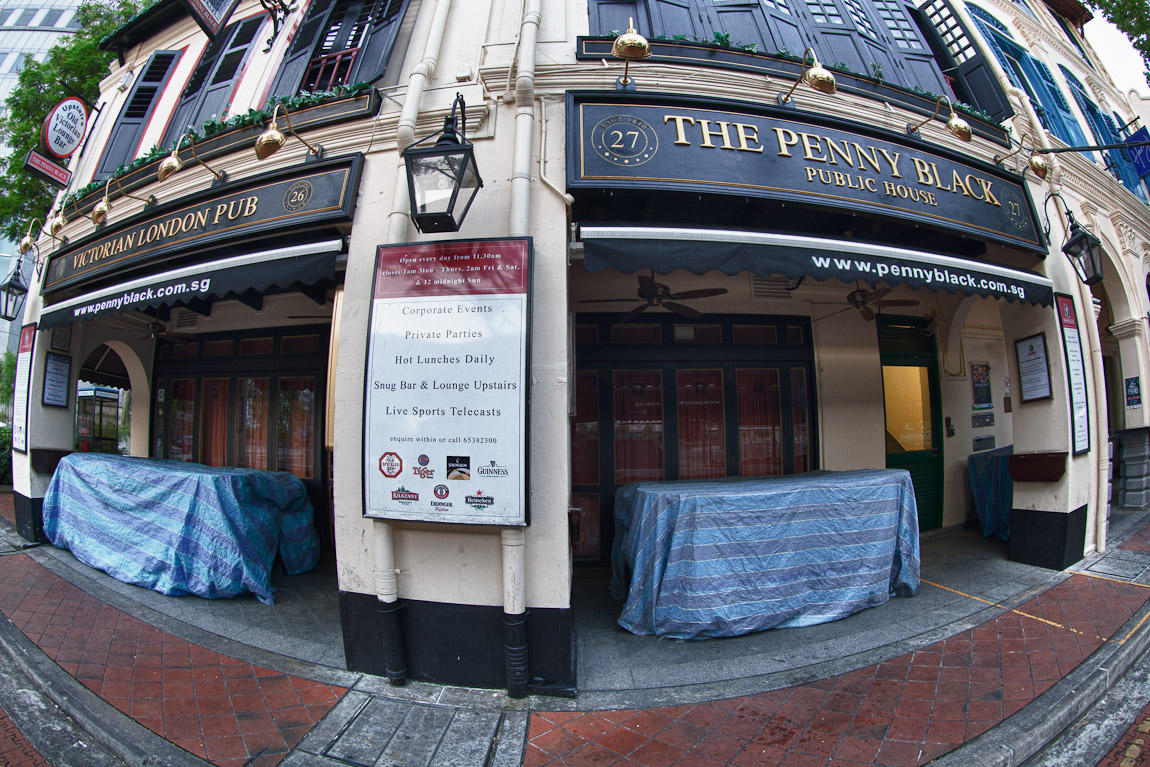 A photo of the Penny Black Victorian London Pub is located at the Raffles Place entrance to Boat Quay in Singapore, taken on a morning walk today.