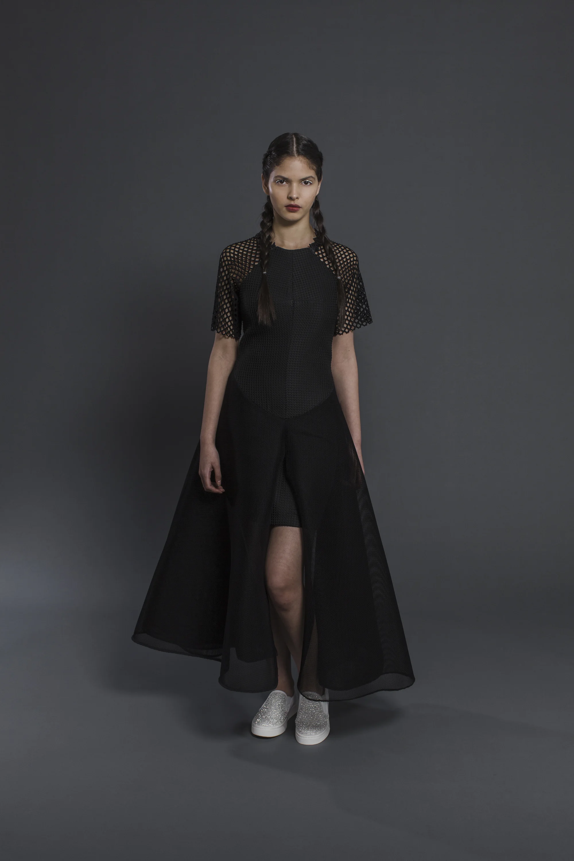 ruedi maguire spring summer 2016 black overlay airtex dress