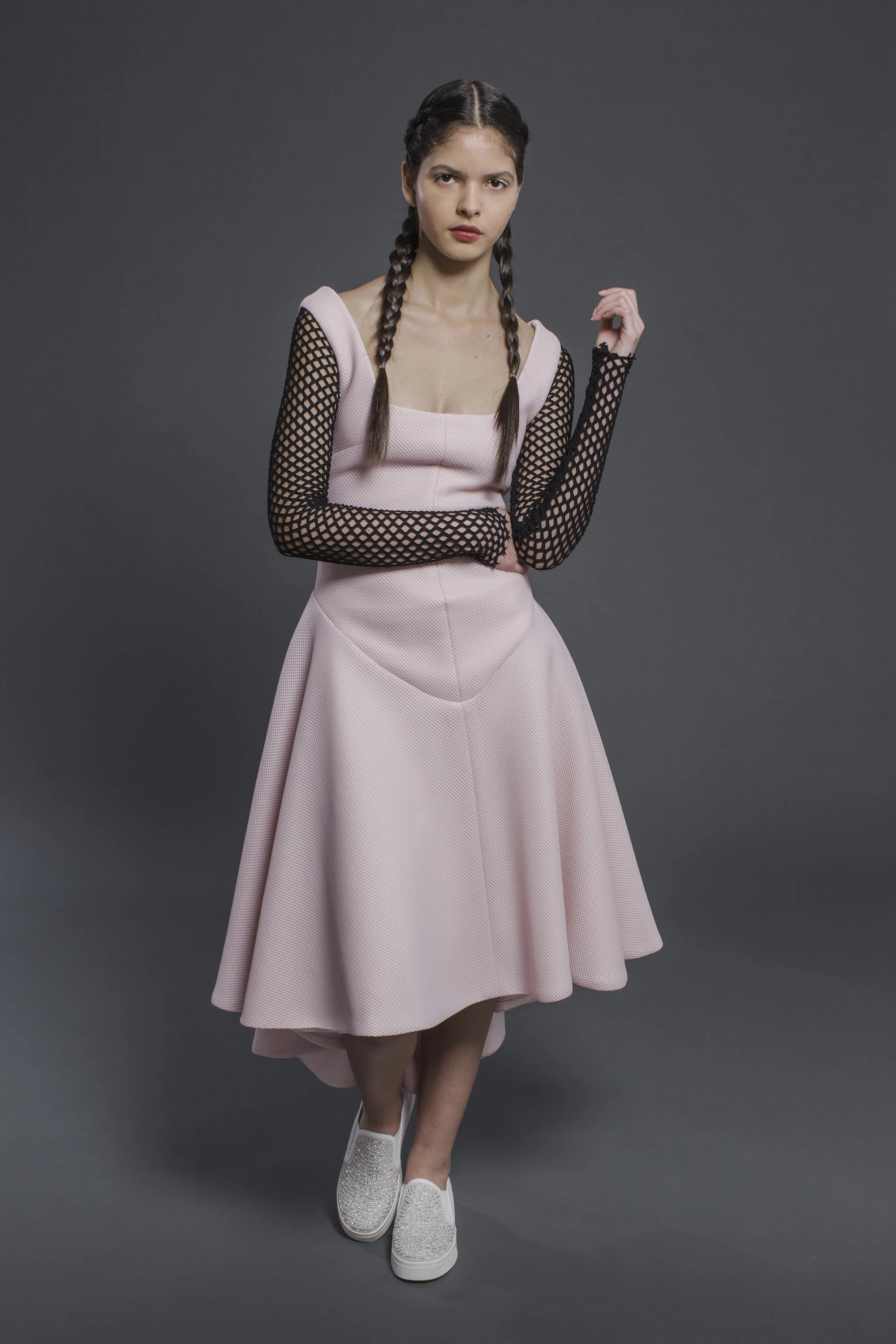 ruedi maguire spring summer 2016 pale pink airtex high low dress