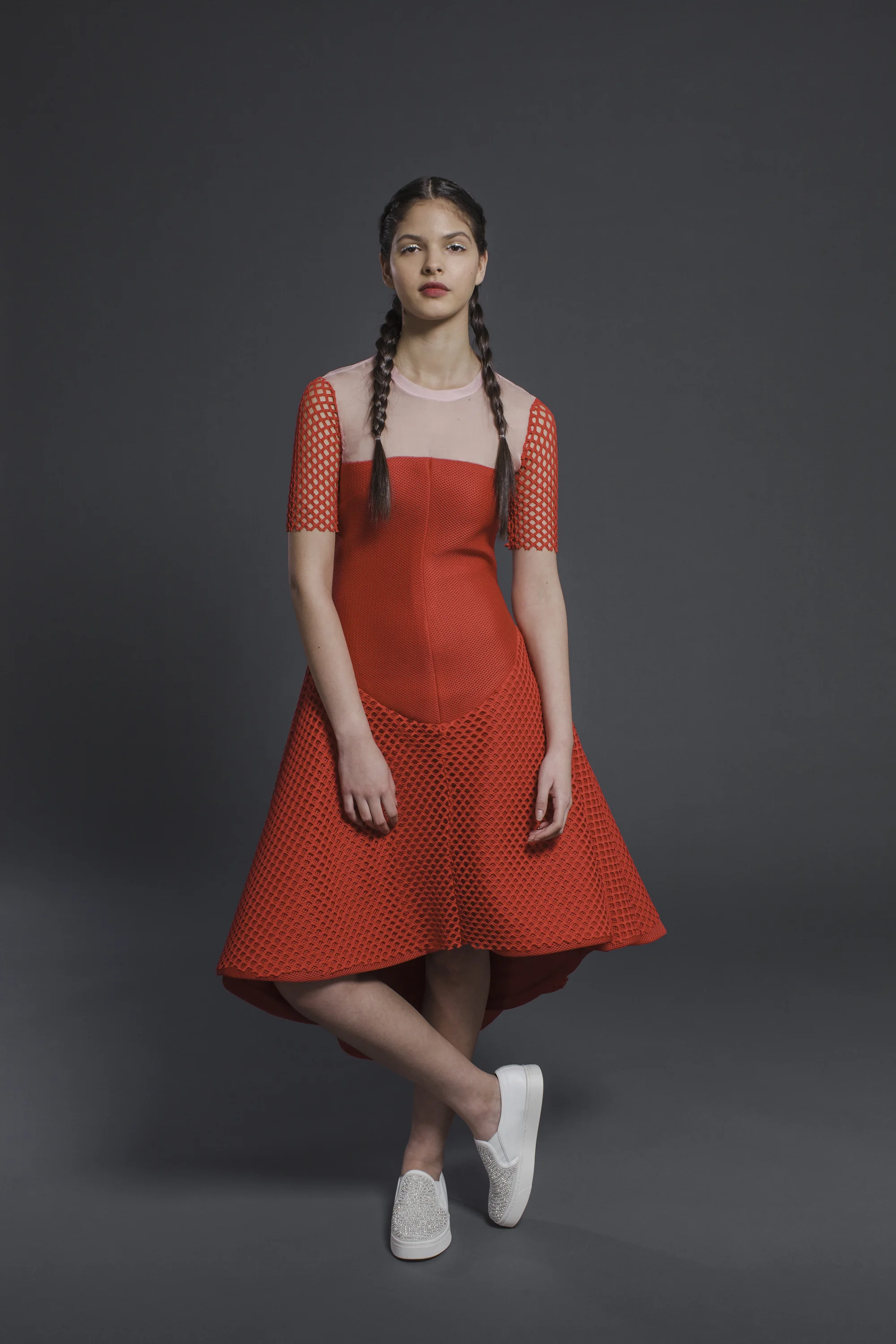 ruedi maguire spring summer 2016 red airtex and net high low dress