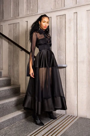 black organza shirt dress S Midnight Noir Sheer Organza Shirt Maxi Dress