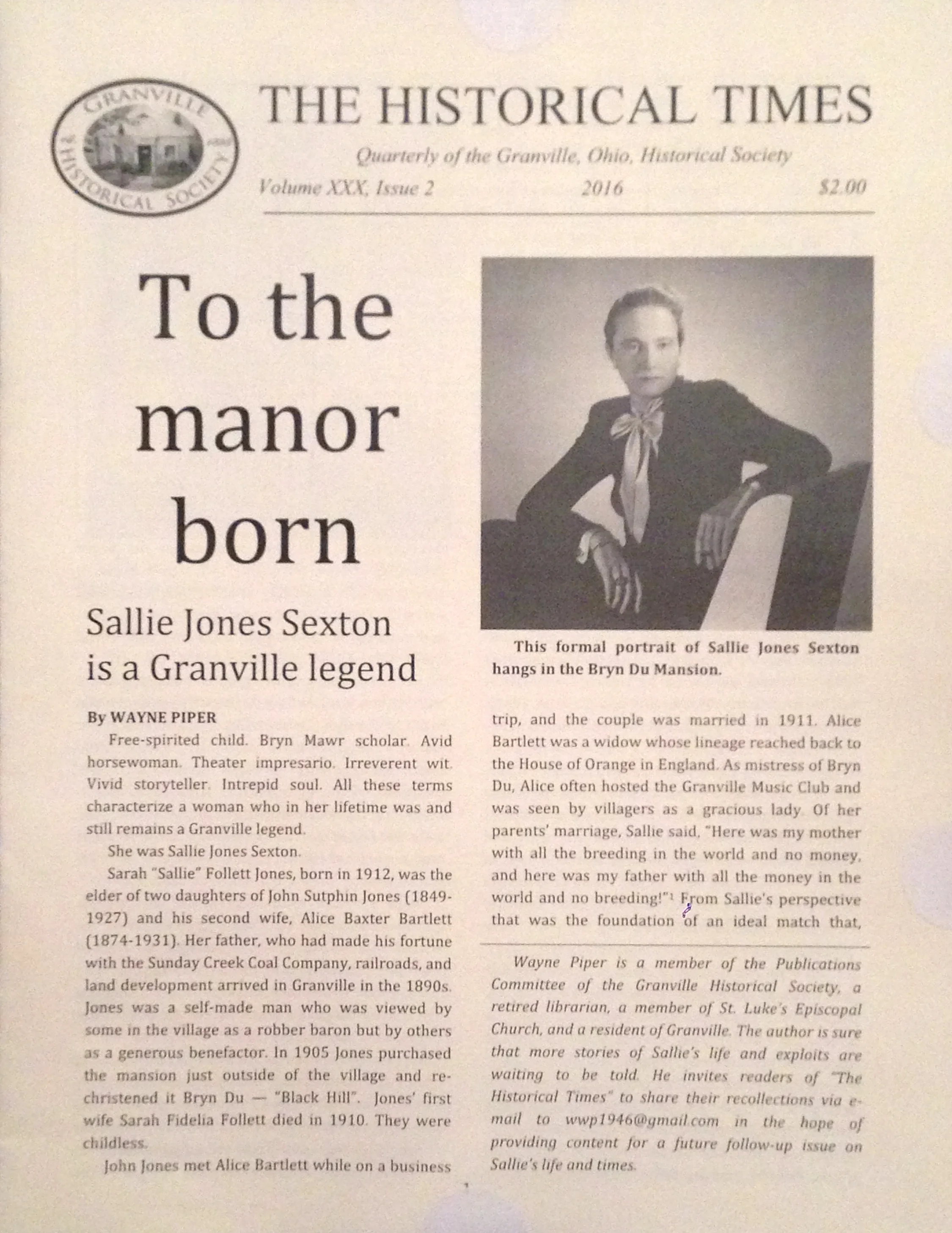 New Historical Times features Sallie Jones Sexton