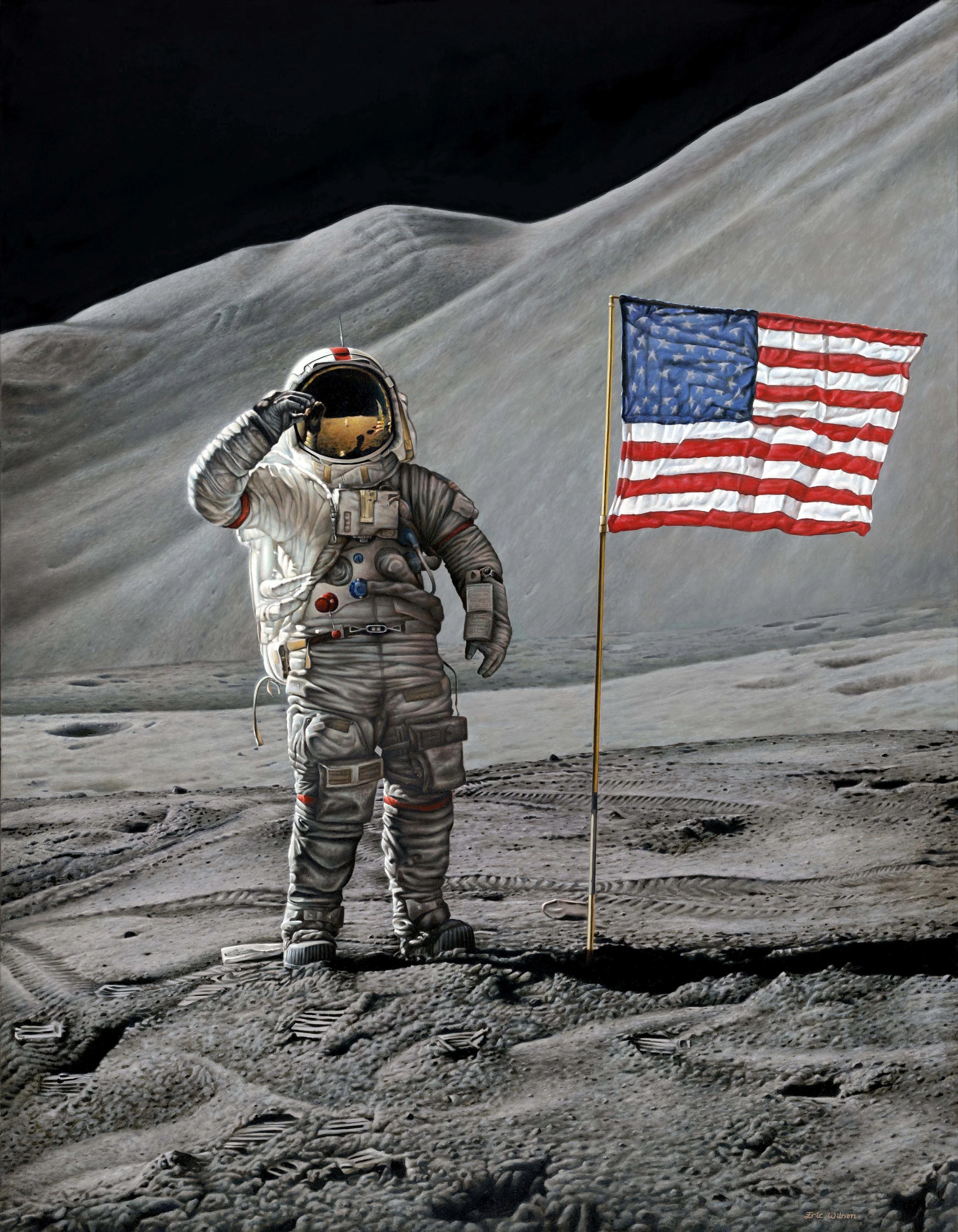 Commander Dave Scott, Apollo 15, salutes the flag at the end of EVA 2 on 1st August 1971.