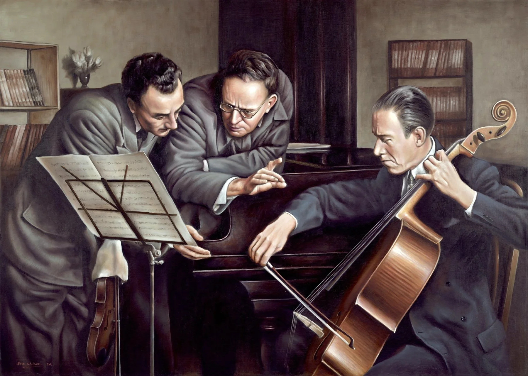   THE ALBAN TRIO  Oil on panel, 25 × 35 inches  Private collection. 