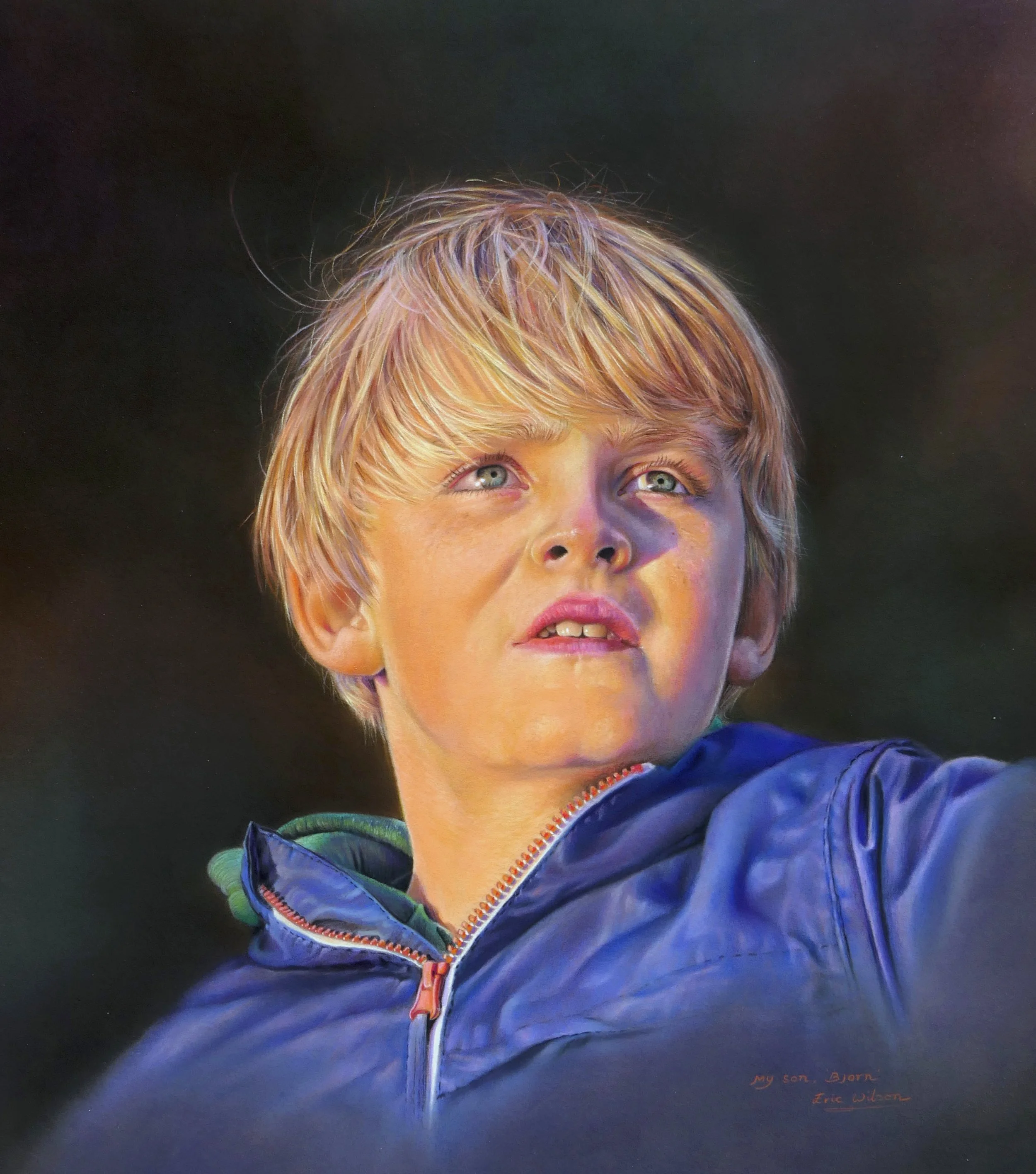   SUNKISSED  Portrait of my son Bjorn at 10 years old. Pastel on pastelmat, 20 x 18 inches.  Private Collection.  