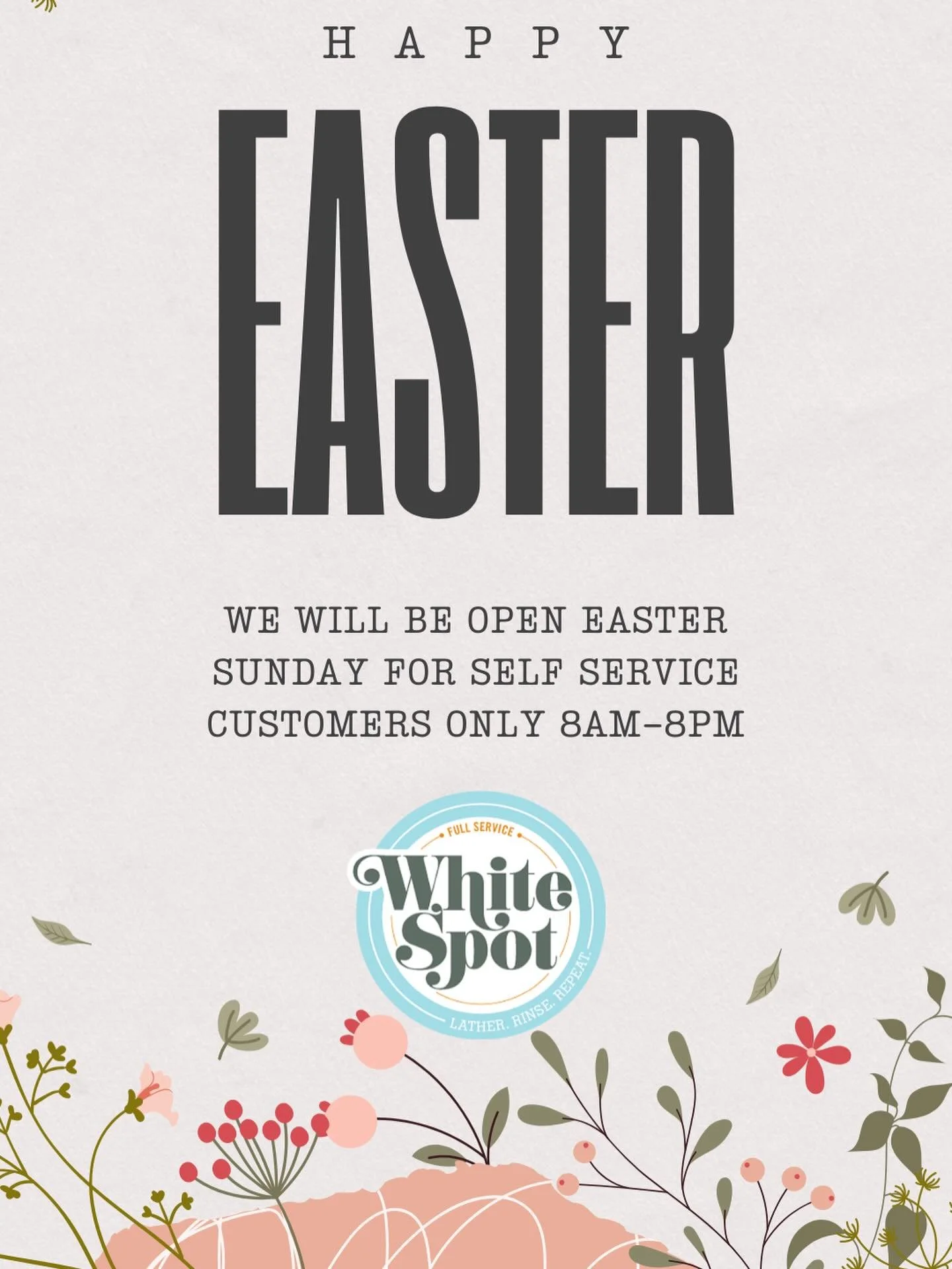 Happy Easter from White Spot Laundry! We&rsquo;ll be open 8 AM &ndash; 8 PM on Easter Sunday to keep your weekend running smoothly. Whether you need a quick wash or a full reset after the festivities, we&rsquo;ve got you covered.