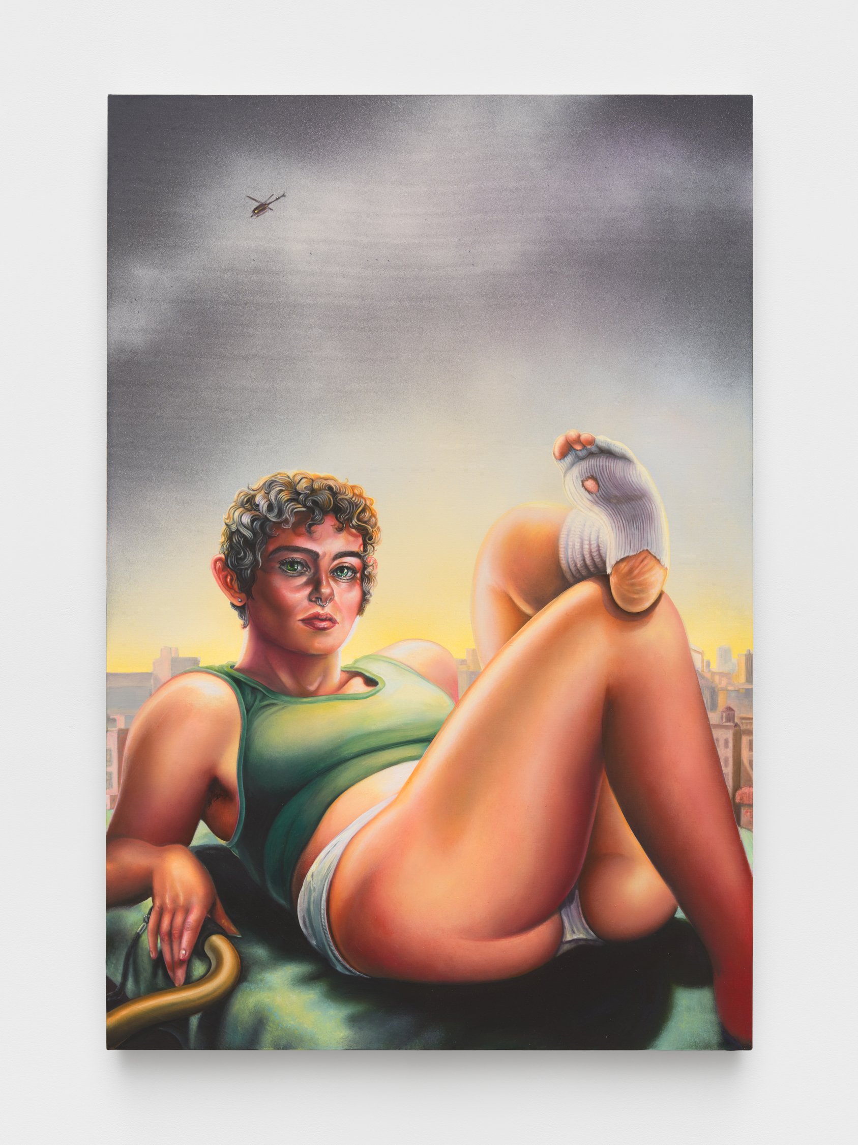Panopticon (Pol, Lower East Side), 2024, Oil and spray paint on canvas, 40 x 27 inches