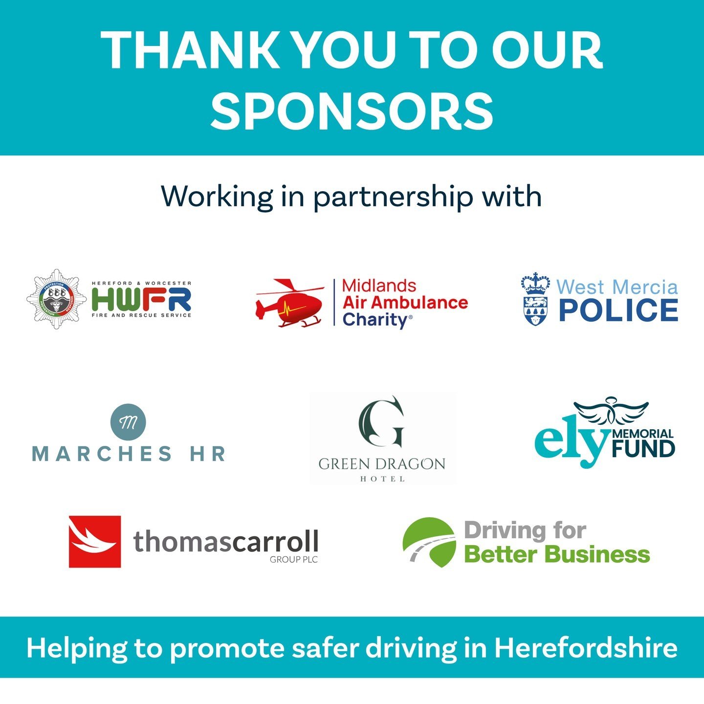 A big thank you to our sponsors for tomorrow's *FREE to attend* Employee Road Safety Event on 13th March at The Green Dragon Hotel, Hereford.

Bookings close in 6hrs, secure your space now!
https://ow.ly/YqJ550QQFSq

#drivingsafely #Resources #workpl