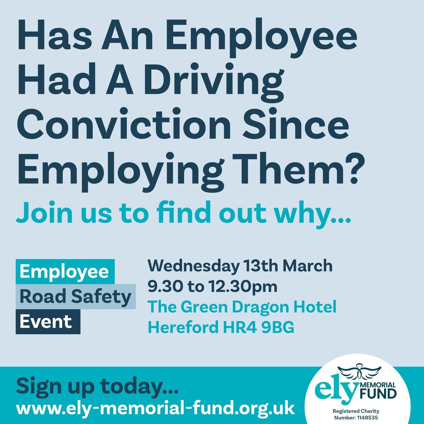 Boost your knowledge with our *FREE to attend* Employee Road Safety Event on 13th March at The Green Dragon Hotel, Hereford.

Book now to secure your space!
https://ow.ly/RHMh50QPo1g

#drivingsafely #Resources #workplace #StaySafeOnTheRoads