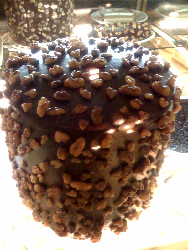 A plastic replica of the $55 six layer motherlode chocolate cake at the Claim Jumper.