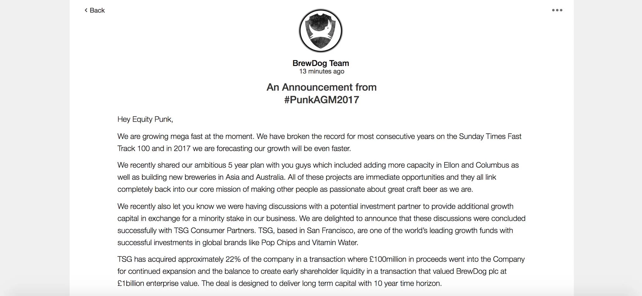 TSG Partners Acquires 22% of BrewDog for £100M