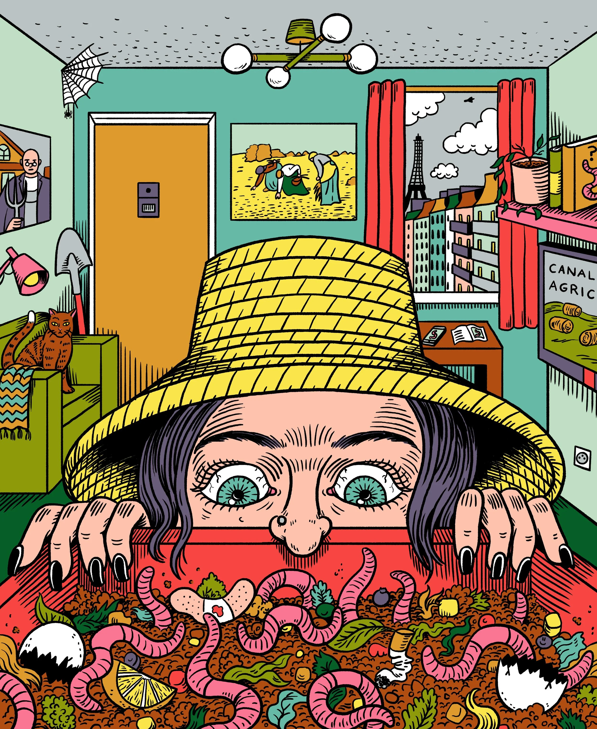  Illustration to accompany an article in Le Monde by Guillemette Faure about urban composting. December 2018. AD Ronan Deshaies.  
