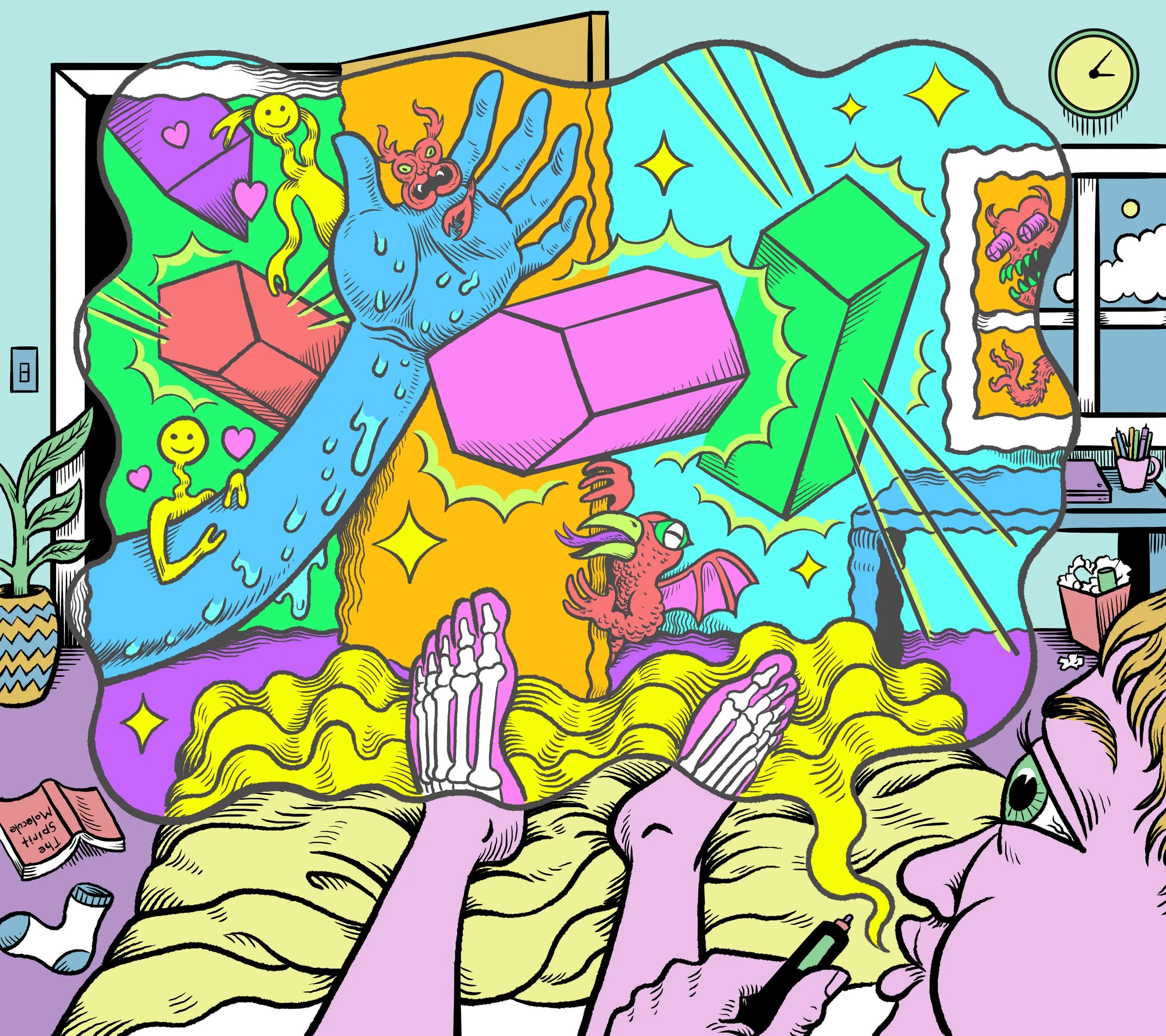  Illustration in The Stranger to accompany an article by Lester Black about DMT vape pens. August 2018. AD Corianton Hale.  