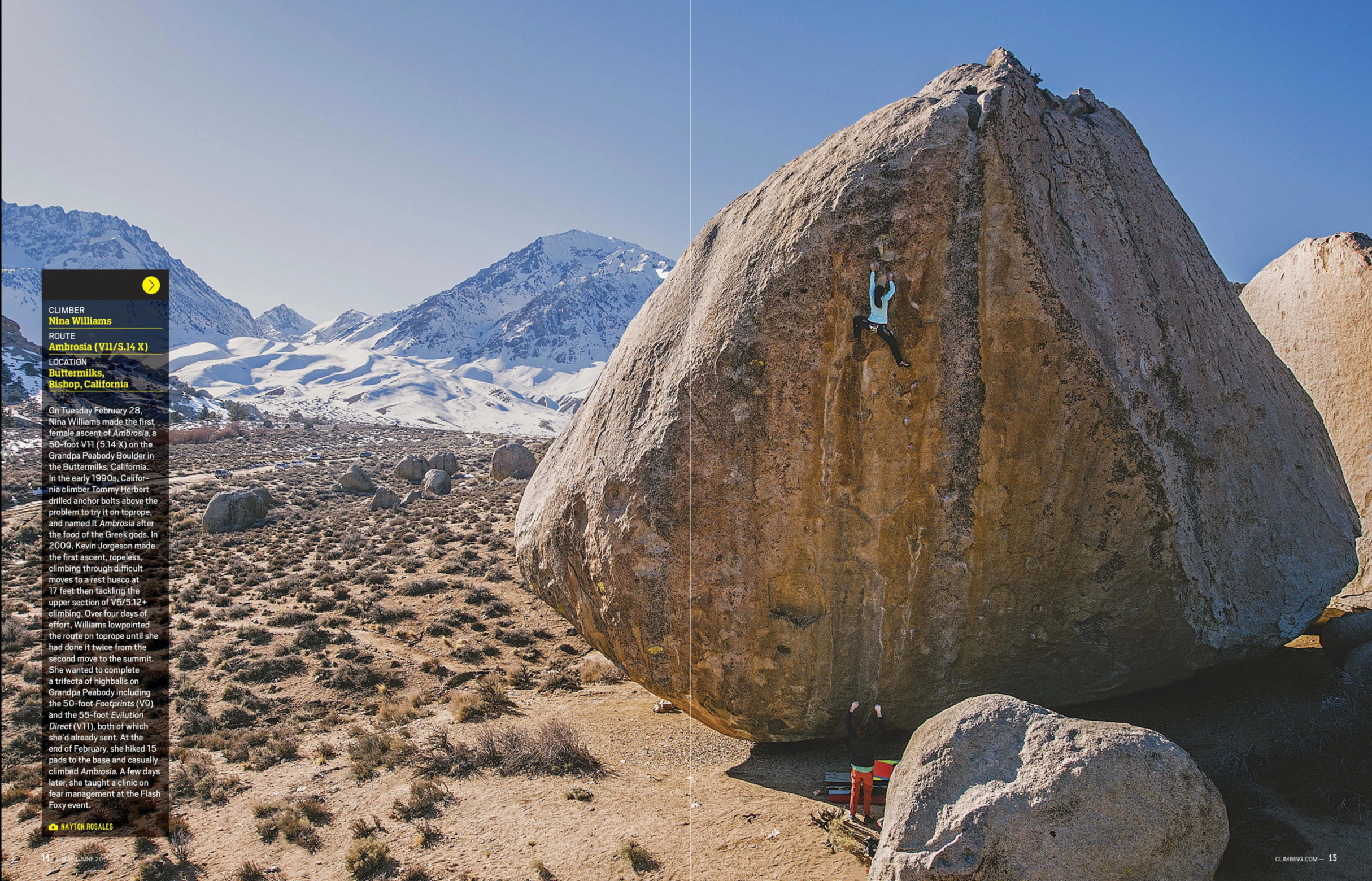 Photo of Nina Williams on the First Female Ascent of highball, "Ambrosia" V11, in Climbing Magazine Issue 353.