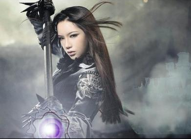 This is a famous cosplay model named Pan Shuang Shuang, Shutterstock did not, as it turns out, have the right to sell her image. But I did add a glowing purple magic effect before we knew that! 