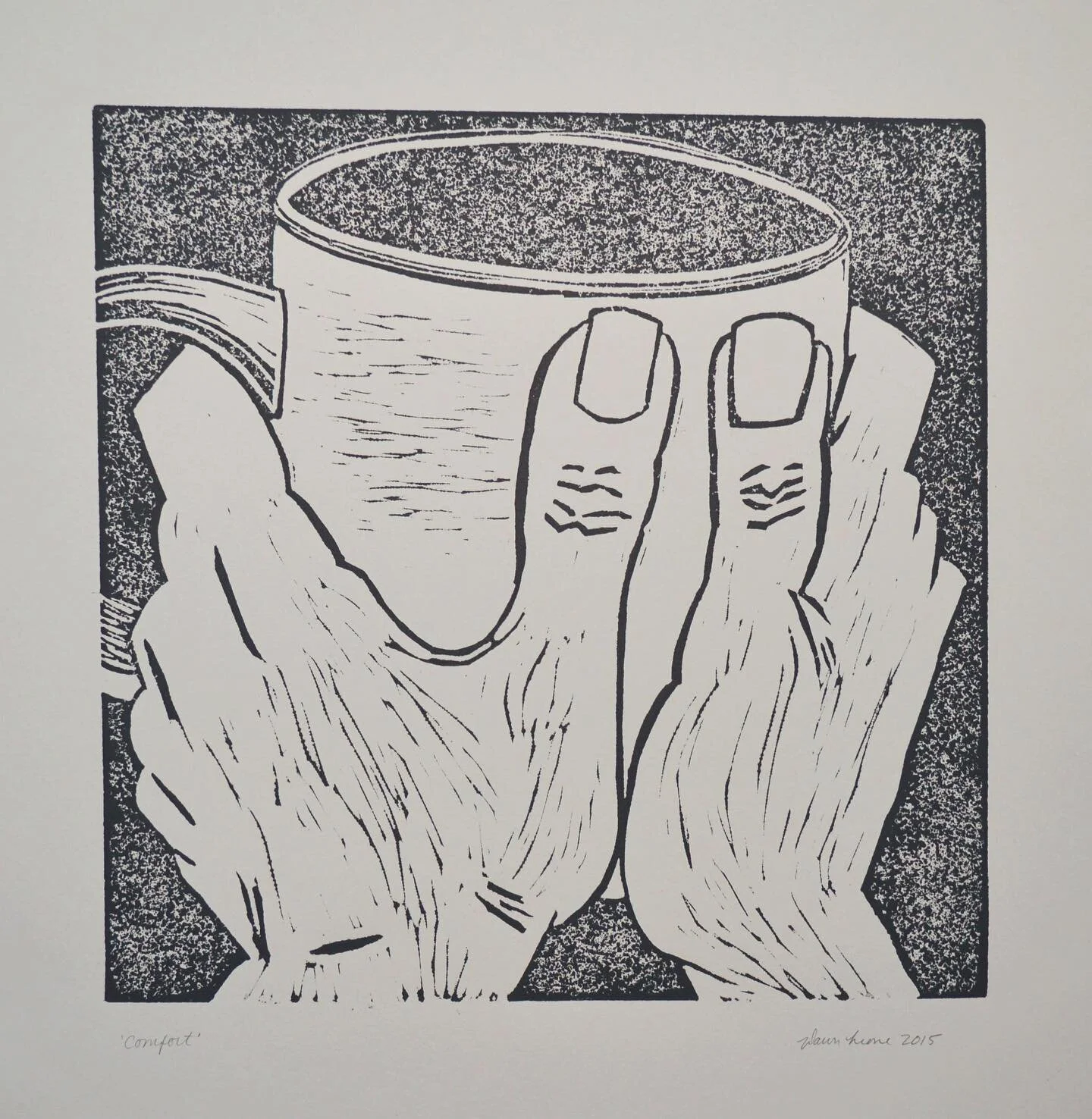 Happy Monday ☕️ Everyone!  Sharing an oldie favorite, Comfort Mug. Carved back in 2015 from cork panel, rolled with black ink and hand pressed onto BFK Rives off white. 12x12&rdquo; currently up at @chaffeeartcenter with a few other works of mine. Up