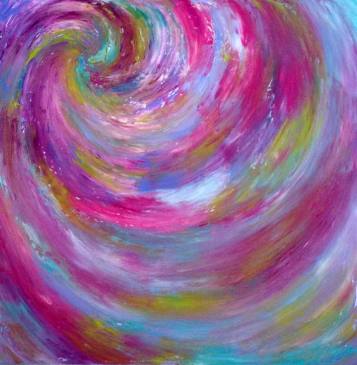 Inside a kaleidoscope 36" x 36" Oil on Canvas A kaleidoscope of images whirled through her brain, swirling inside a mirrored glass of changing colors and elements. This energetic piece highlights objects and colour of incredible form and beauty, inspiring the imagination through a looking glass of oscillating change throughout the kaleidoscope. 
