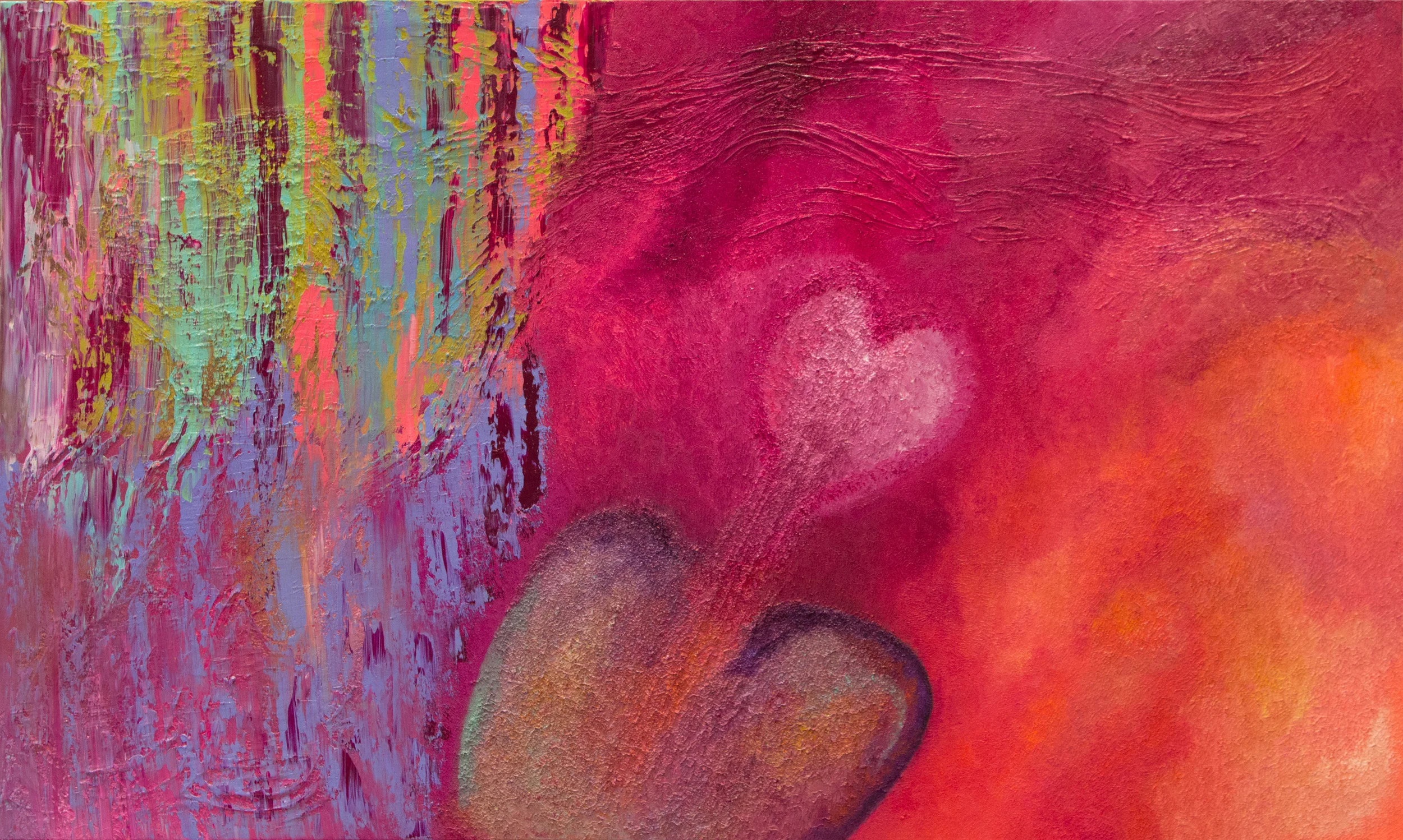 Digging for Love 36" x 60" Oil on Canvas with Mixed Media This romantic piece reflects the beating heart and its journey through magical portals of love inspired adventures. Digging for love symbolizes the determination of seeking a self nurturing and fulfilling path in connecting and listening to the wisdom of the inner heart.