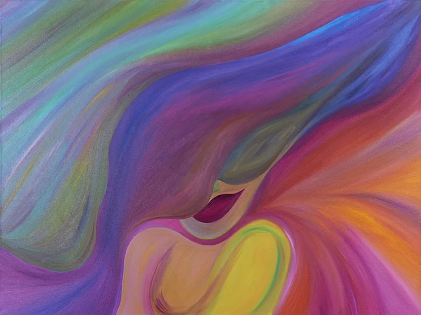 Masquerade 36" x 48" Oil on Canvas Beauty seeks mystery to complement her masks of myriad emotions. The enigma enjoys her veiled form, hiding from the world of fear and pain. The seduction of beauty and colour all around hints towards wonder, then slipping away and unmasking the darkness, allowing the universe to flow into the unknown future. 