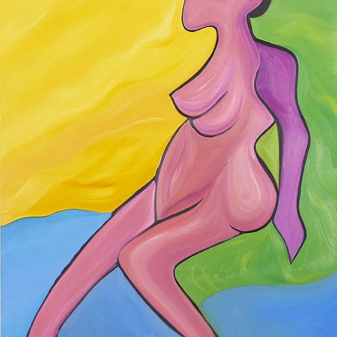By the Water 40" x 40" Oil on Canvas Sitting down by the water, baking in the rays of the sun as it beams into the sublime summer afternoon. The fierce intensity of basking under the sun’s intense gaze as it blazes the body into the heat of desire. As the temperature peaks, she yearns for the coolness of water and the freshness of a summer’s night dip as the night descends.