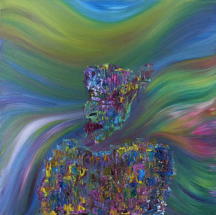 Patience 36" x 36" Oil on Canvas Patience is a piece that evokes the capacity for equanimity in the whirlwind of life's turbulence. Despite the swirling vortex of time and uncertainty, she finds calm in the vibrant beauty of colour that envelopes her. In a chaotic dream of fears and loneliness, a sweet sense of serenity and intuition is inhaled through the sweetness of the colours that allow her to dream of a better life of love and happiness.